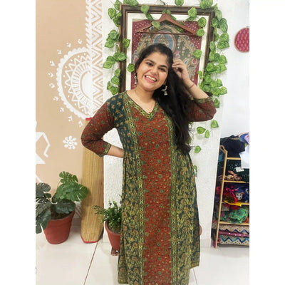 Green Ajrakh Designer Block Print Kurti