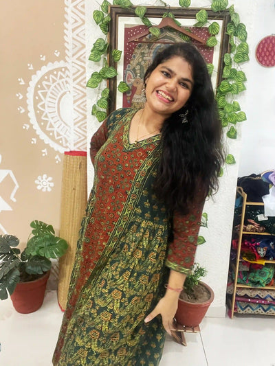 Green Ajrakh Designer Block Print Kurti