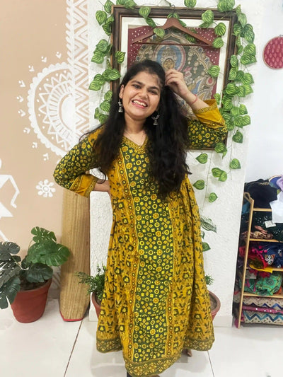 Yellow Ajrakh Designer Block Print Kurti