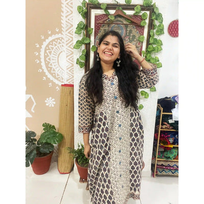 Cream Ajrakh Designer Block Print Kurti