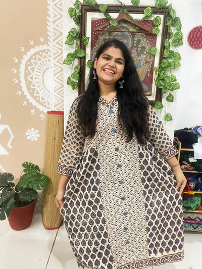 Cream Ajrakh Designer Block Print Kurti