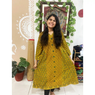 Yellow Ajrakh Designer Block Print Kurti