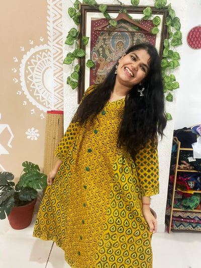Yellow Ajrakh Designer Block Print Kurti
