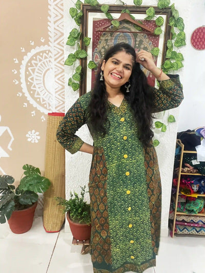 Green Ajrakh Designer Block Print Kurti