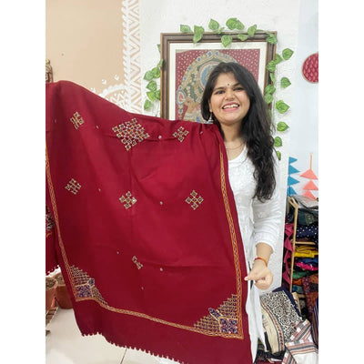 Maroon Woollen Kutch Embroidered Shawl