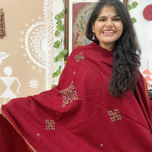 Maroon Woollen Kutch Embroidered Shawl