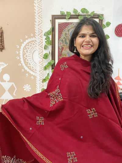 Maroon Woollen Kutch Embroidered Shawl