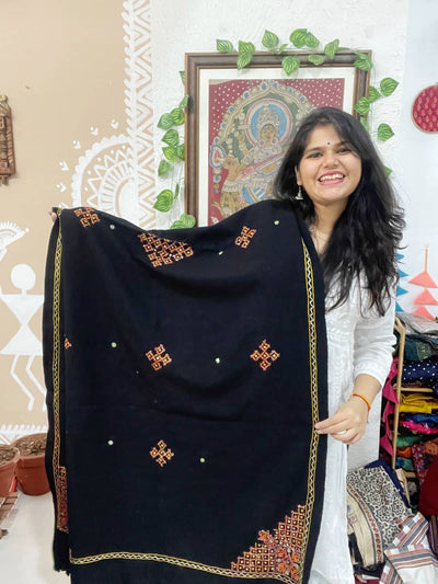 Black Woollen Kutch Embroidered Shawl