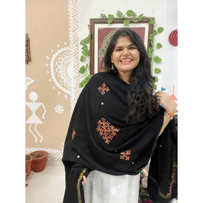 Black Woollen Kutch Embroidered Shawl