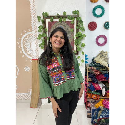 Green Cotton Sanganeri Patch Top
