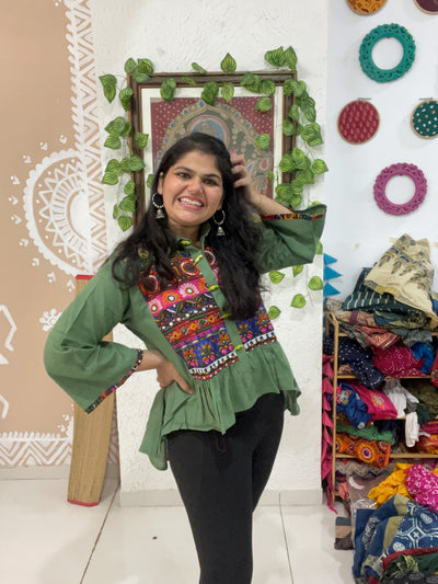 Green Cotton Sanganeri Patch Top