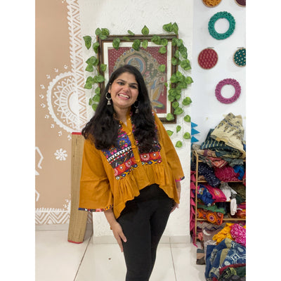 Mustard Cotton Sanganeri Patch Top