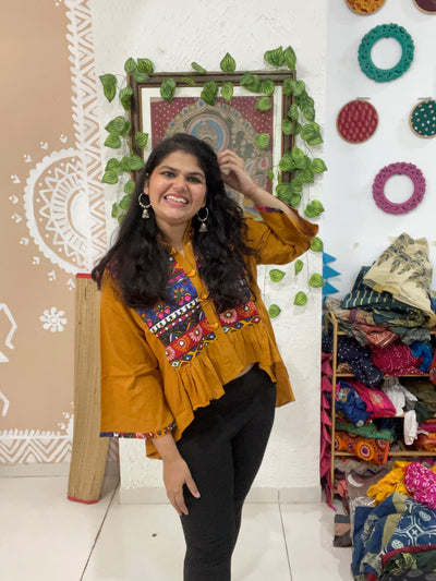 Mustard Cotton Sanganeri Patch Top