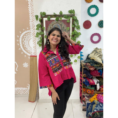 Pink Cotton Sanganeri Patch Top