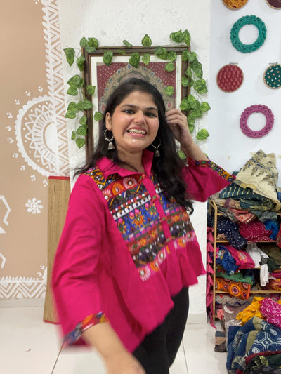 Pink Cotton Sanganeri Patch Top