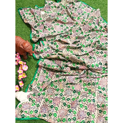 Cream Chanderi Phulkari Hand Embroidered Dupatta