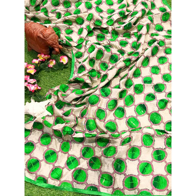 Cream Chanderi Phulkari Hand Embroidered Dupatta