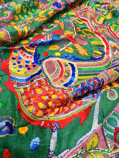 Green Chanderi Phulkari Hand Embroidered Dupatta
