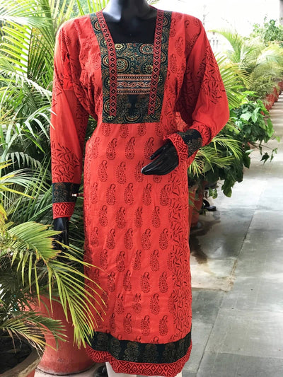 Orange-Red Bagh Cotton Designer Kurti