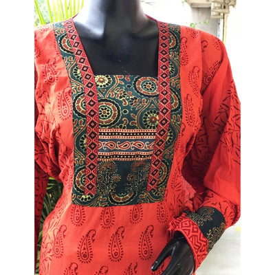 Orange-Red Bagh Cotton Designer Kurti