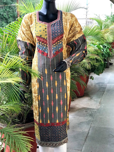 Yellow-Grey Ikat-Vanaspati Cotton Designer Kurti