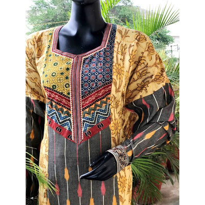 Yellow-Grey Ikat-Vanaspati Cotton Designer Kurti