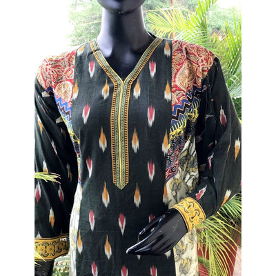 Yellow-Moss Green Ikat-Vanaspati Cotton Designer Kurti