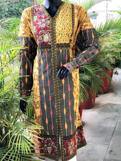 Yellow-Grey Ikat-Vanaspati Cotton Designer Kurti