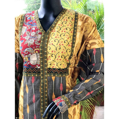 Yellow-Grey Ikat-Vanaspati Cotton Designer Kurti