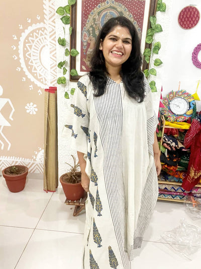 Cream Ajrakh Block Print Designer Cotton Kaftan