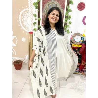 Cream Ajrakh Block Print Designer Cotton Kaftan