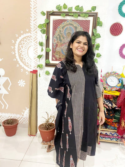 Black Ajrakh Block Print Designer Cotton Kaftan