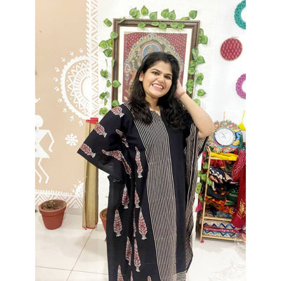 Black Ajrakh Block Print Designer Cotton Kaftan