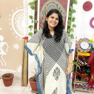 Cream Ajrakh Block Print Designer Cotton Kaftan