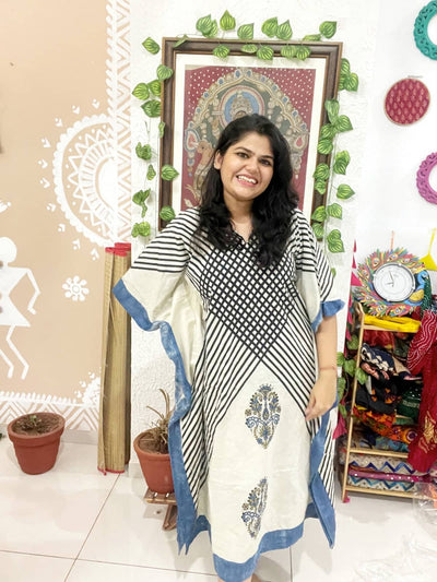 Cream Ajrakh Block Print Designer Cotton Kaftan