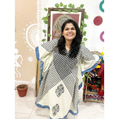 Cream Ajrakh Block Print Designer Cotton Kaftan