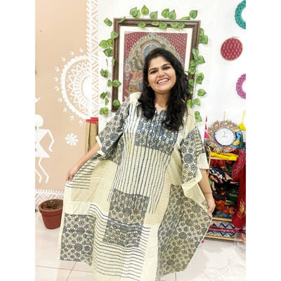 Cream Ajrakh Block Print Designer Cotton Kaftan