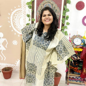 Cream Ajrakh Block Print Designer Cotton Kaftan