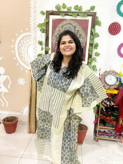Cream Ajrakh Block Print Designer Cotton Kaftan