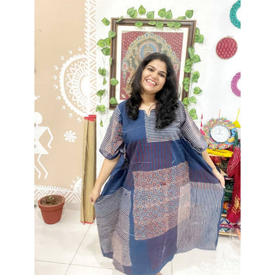 Indigo Ajrakh Block Print Designer Cotton Kaftan