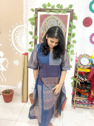 Indigo Ajrakh Block Print Designer Cotton Kaftan