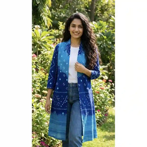 Blue Bandhani Merino Wool Long Jacket