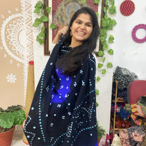 Black-Royal Blue Woollen Bandhani Shawl