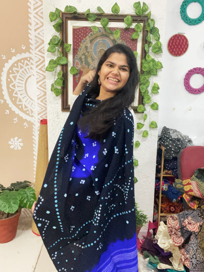 Black-Royal Blue Woollen Bandhani Shawl