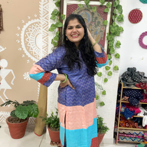 Purple Bhagalpuri Cotton Silk Colour Block Kurti