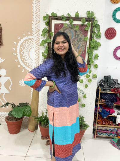 Purple Bhagalpuri Cotton Silk Colour Block Kurti
