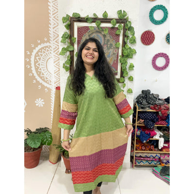 Green Bhagalpuri Cotton Silk Colour Block Kurti