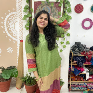 Green Bhagalpuri Cotton Silk Colour Block Kurti