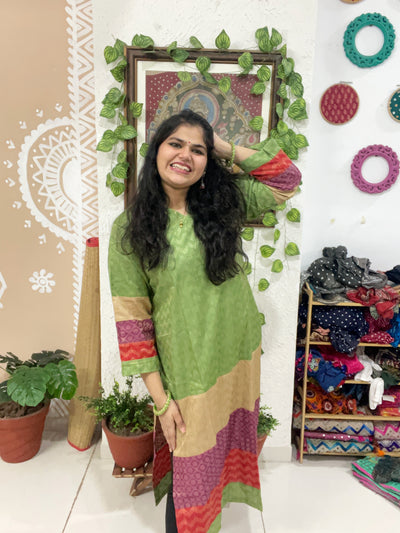 Green Bhagalpuri Cotton Silk Colour Block Kurti