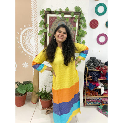 Yellow Bhagalpuri Cotton Silk Colour Block Kurti